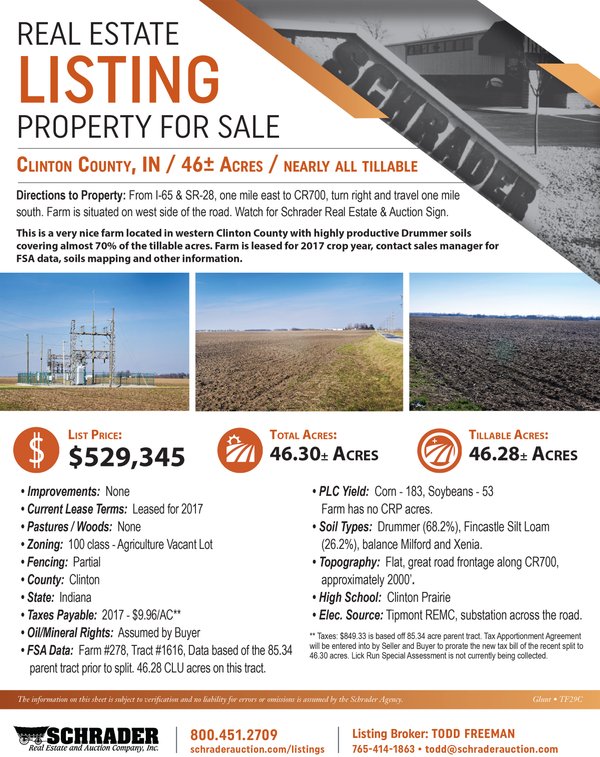 Listing brochure cover - All Tillable High Quality Farmland, Clinton County, Indiana